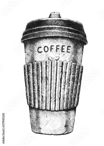 Hand-drawn black and white illustration of takeaway coffee. Jpeg only.