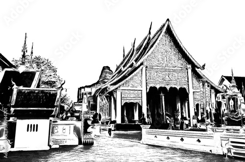 The ancient Thai architectural style, northern region of Thailand illustration creates a black and white style of drawing.