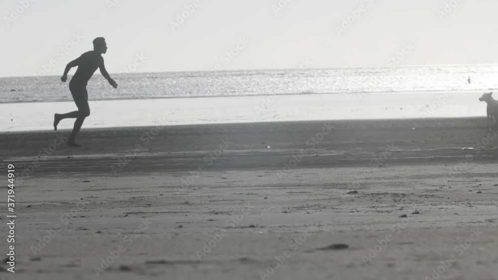 Silhouette of man running on a beach pretending to throw something at stray dog to shoo away slow motion Silhouette of man running on a beach pretending to throw something at stray dog to shoo away slow motion