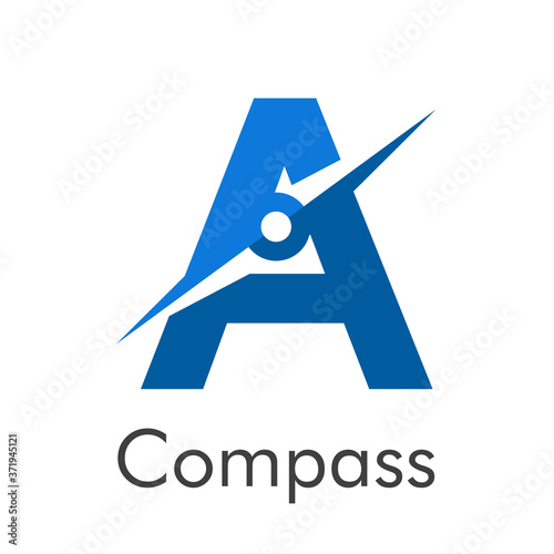 Letra inicial A con flecha como logotipo de brújula en color azul con palabra Compass en color azul