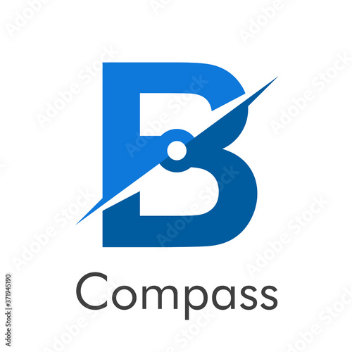 Letra inicial B con flecha como logotipo de brújula en color azul con palabra Compass en color azul