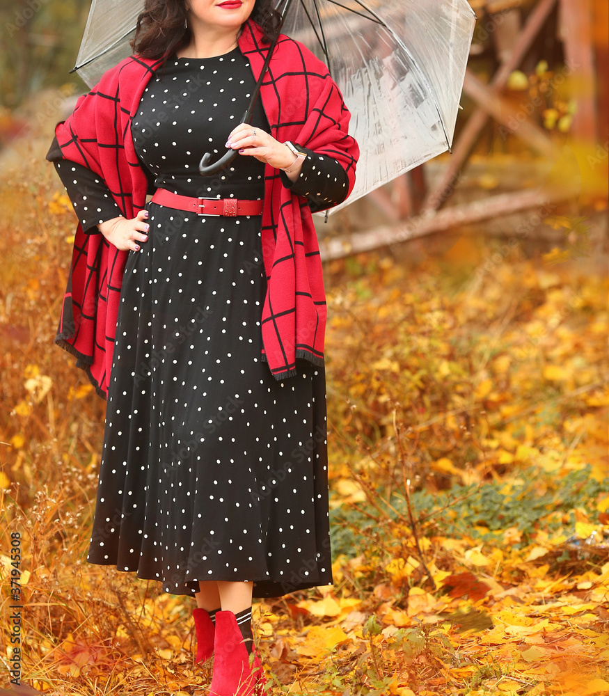 Portrait of an attractive mature plus size woman in a stylish black dress with polka dots and a red plaid scarf with an umbrella walking near the lake on a foggy autumn day.Woman's life after 40 years