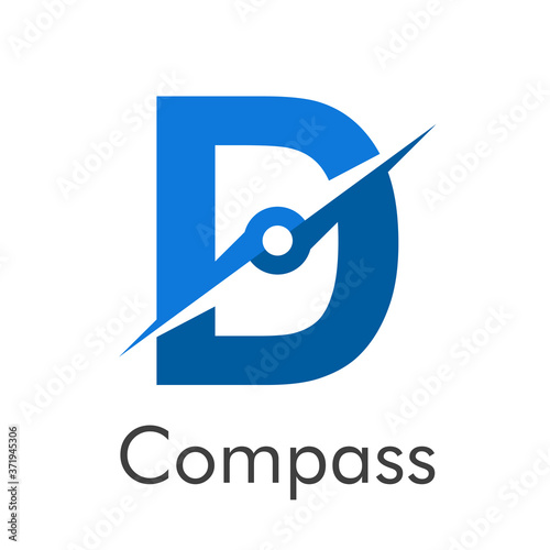 Letra inicial D con flecha como logotipo de brújula en color azul con palabra Compass en color azul