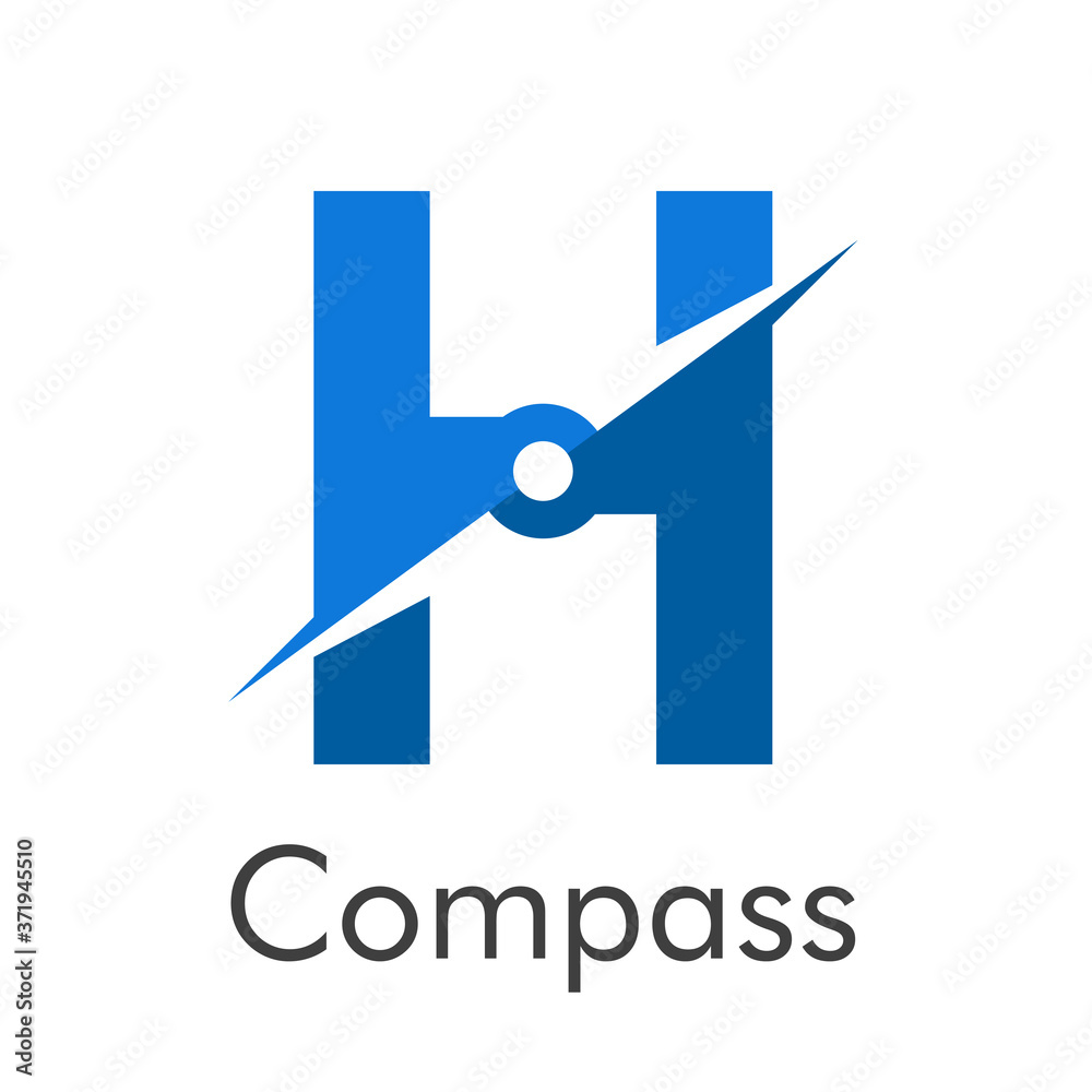 Letra inicial H con flecha como logotipo de brújula en color azul con palabra Compass en color azul Letra inicial H con flecha como logotipo de brújula en color azul con palabra Compass en color azul