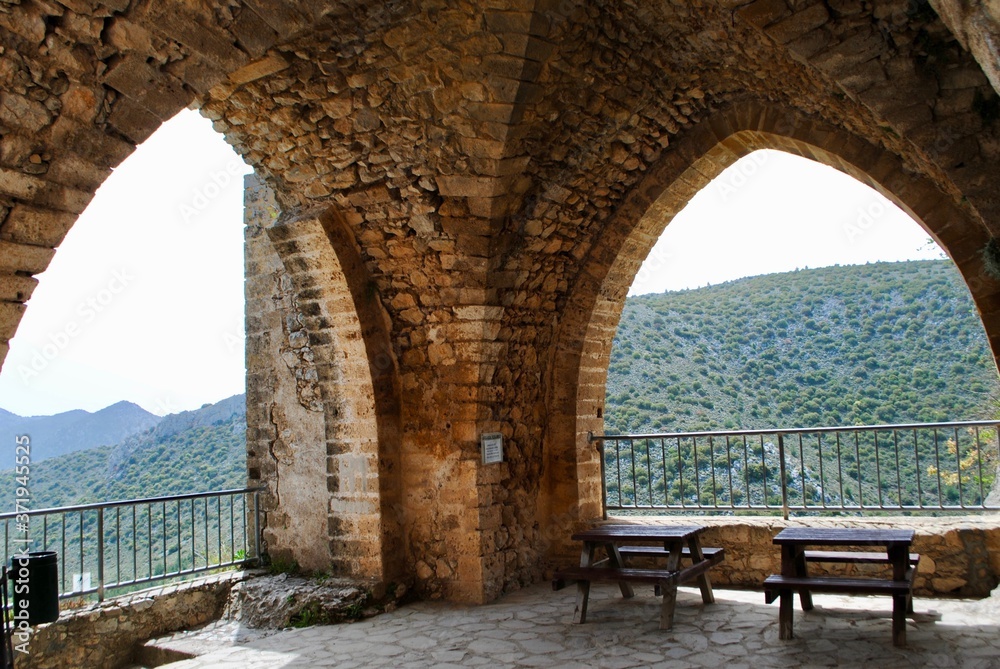 Spectacular St. Hilarion Castle lies on the mountain range. Kyrenia, Girne, Northern Cyprus