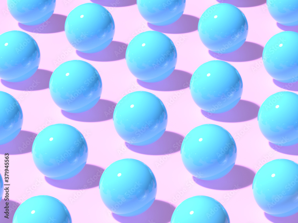 Pastel blue plastic shiny balls on a pale purple pink background. 3D render. Isometric pattern style