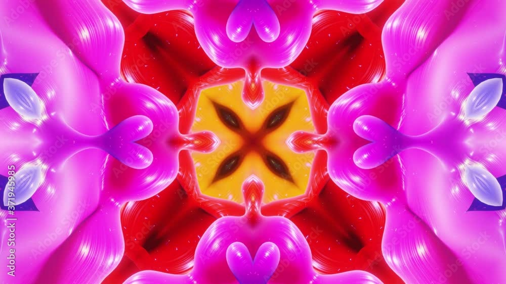 abstract symmetric 3D structures like liquid kaleidoscope in looped animation, smooth color gradients with glow glitter. Kaleidoscope effect with abstract waves. Beautiful abstract bg 3d pattern. DOF