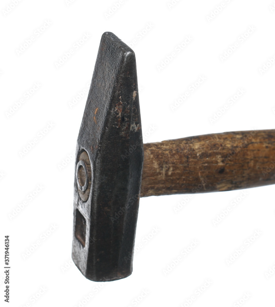Old metal hammer with wooden handle isolated on white background, clipping path Old metal hammer with wooden handle isolated on white background, clipping path