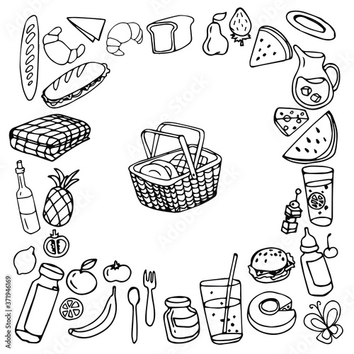 black and white picnic doodle set