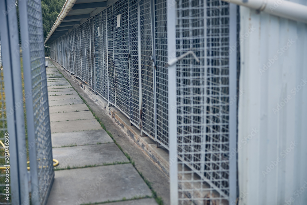 Fototapeta premium Locked cages for storage with grassy sidewalk