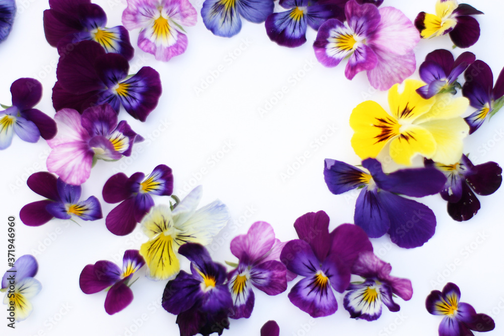 Round Frame with flowers and leaves. Top view background with pansy flowers. Flowers composition. Mock up with plants. Flat lay with flowers on white table. Woman day concept. Copyspace for text. Round Frame with flowers and leaves. Top view background with pansy flowers. Flowers composition. Mock up with plants. Flat lay with flowers on white table. Woman day concept. Copyspace for text.