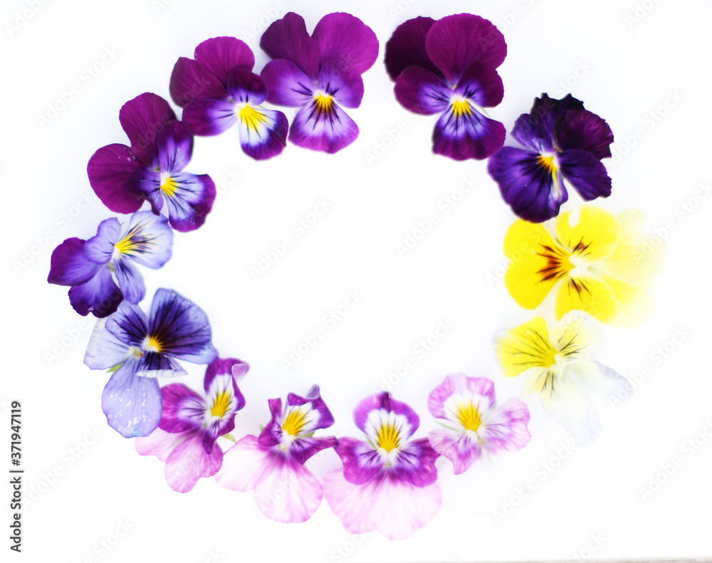 Round Frame with flowers and leaves. Top view background with pansy flowers. Flowers composition. Mock up with plants. Flat lay with flowers on white table. Woman day concept. Copyspace for text. Round Frame with flowers and leaves. Top view background with pansy flowers. Flowers composition. Mock up with plants. Flat lay with flowers on white table. Woman day concept. Copyspace for text.