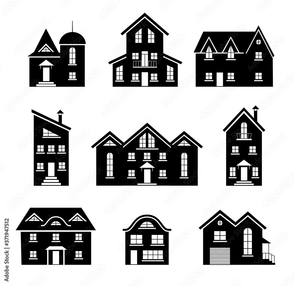 Fototapeta premium Set of silhouettes of houses isolated on white background. Vector template for creating a panorama of a city or street. Residential buildings and cottages icons. Collection of different homes.
