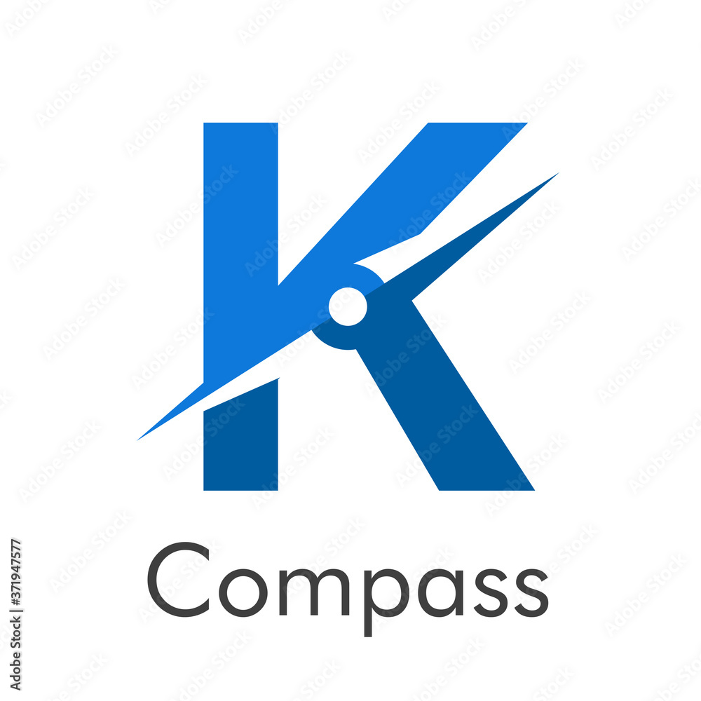 Letra inicial K con flecha como logotipo de brújula en color azul con palabra Compass en color azul Letra inicial K con flecha como logotipo de brújula en color azul con palabra Compass en color azul