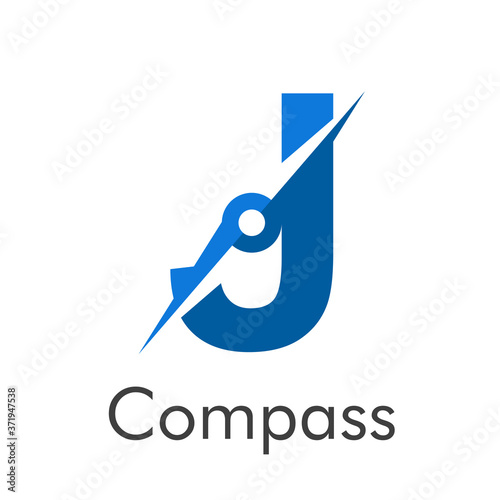 Letra inicial J con flecha como logotipo de brújula en color azul con palabra Compass en color azul