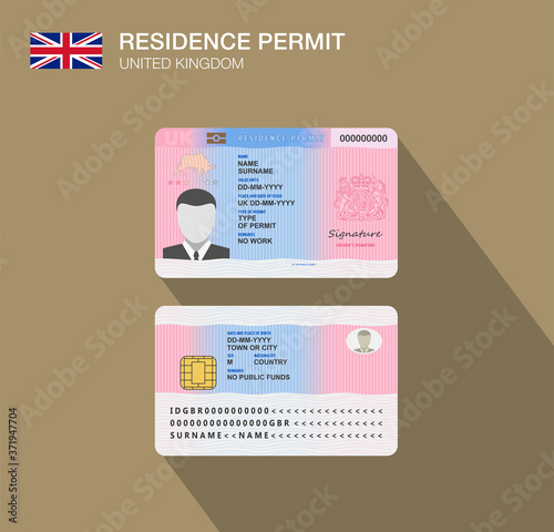 United Kingdom national permit residence card. Flat vector illustration template. Great Britain.