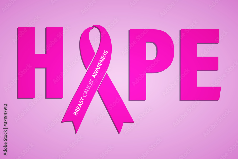 Hope lettering design with pink ribbon. A month-long campaign to spread information about breast cancer. For a poster or banner . Vector illustrations isolated on a pink background. Hope lettering design with pink ribbon. A month-long campaign to spread information about breast cancer. For a poster or banner . Vector illustrations isolated on a pink background.