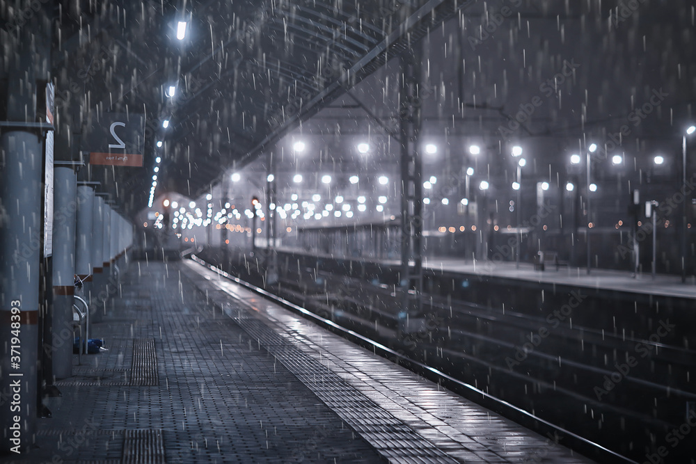 railway tracks night landscape at the railway station fog autumn