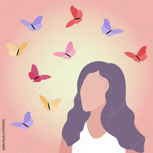 Vector illustration of a woman. Butterflies flying around the girl's head