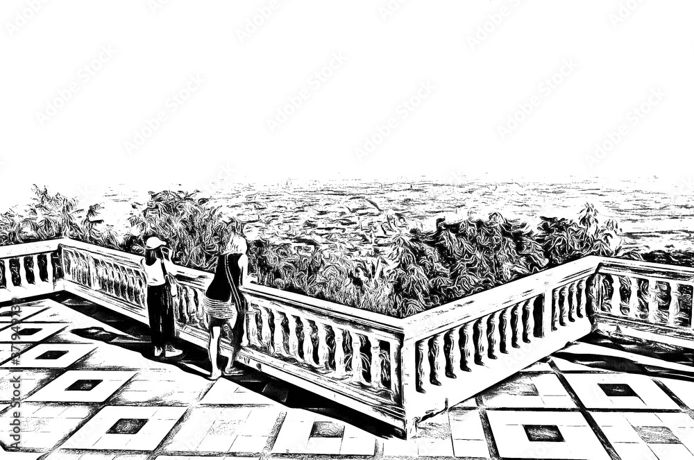 Doi Suthep, Chiang Mai, Thailand illustration creates a black and white style of drawing.