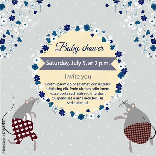 Vintage invitation card with mouses, floral frame, vector illustration