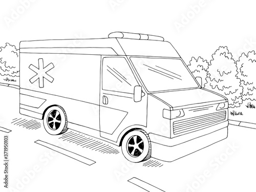 Ambulance car street road graphic black white landscape sketch illustration vector