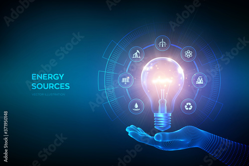 Glowing light bulb with energy resources icons in hand. Electricity and energy saving concept. Energy sources. Campaigning for ecological friendly and sustainable environment. Vector illustration.