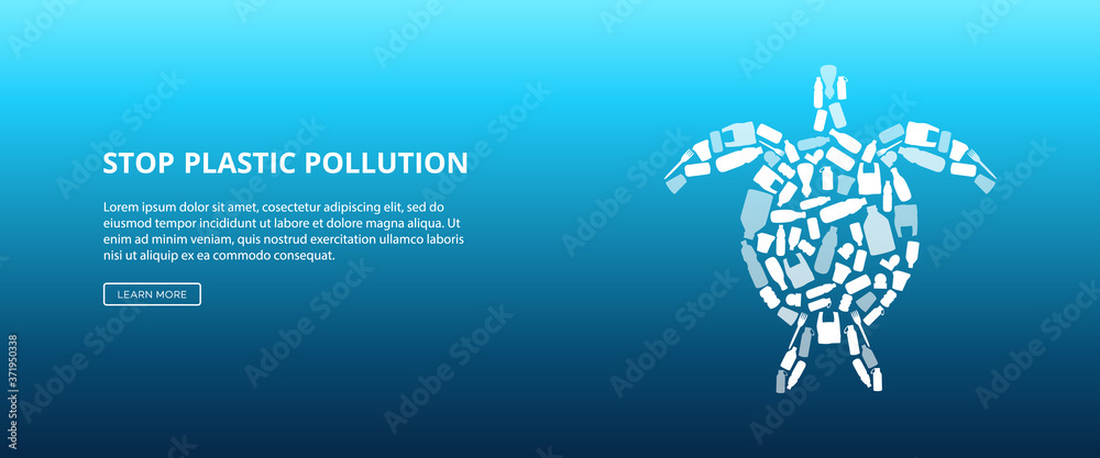Εκτύπωση καμβά Stop ocean water pollution - turtle shape made of single use plastic trash
