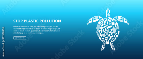 Stop ocean water pollution - turtle shape made of single use plastic trash.