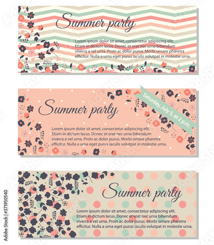 Set retro template card with flowers in green and pink colors