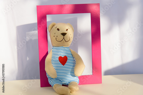 Teddy Bear stuffed toy sits on shelf in pinhk frame. Copy space. photo