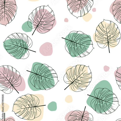 Tropical monstera leaves seamless pattern. Vector floral background in trendy minimalist style for printing packaging, fabric, t-shirts, covers, posters.Vector illustration