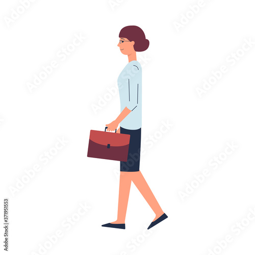 Cartoon businesswoman walking with suitcase isolated on white background