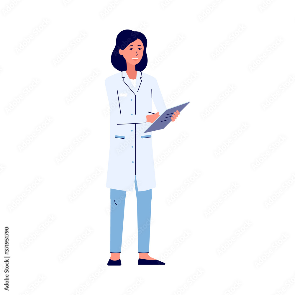 Woman scientist or doctor in laboratory coat flat vector illustration isolated. Woman scientist or doctor in laboratory coat flat vector illustration isolated.