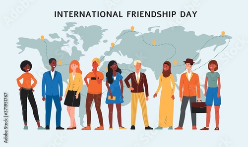 International friendship day banner with diverse friend group of cartoon people