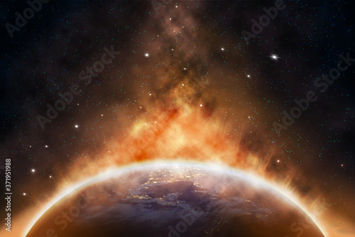 Planet Earth outer space with orange Heat radius at North America area from the Space at Night Global catasrtophe concept Elements earth of this Image Furnished by NASA