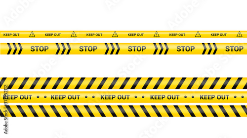 Police tape, crime danger line. Caution police lines isolated. Warning keep out tapes. Set of yellow warning ribbons. Vector illustration on white background.