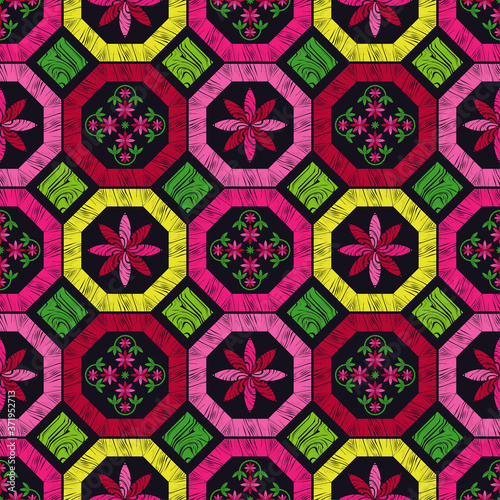 Seamless pattern with decorative flowers. Design with manual hatching. Ethnic boho ornament. Textile. Vector illustration for web design or print.