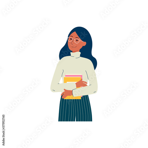 Cartoon college student girl with glasses holding books and smiling