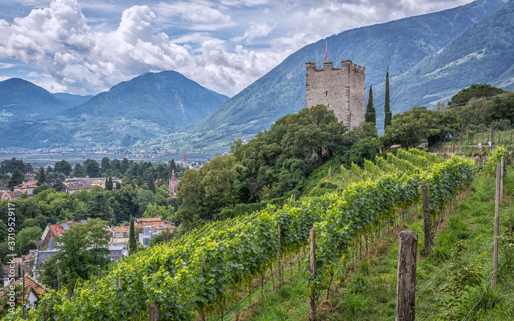 Merano (Meran) in South Tyrol - Trentino Alto Adige - northern Italy. Beautiful city of Trentino Alto Adige. View of Torre Poveriera.