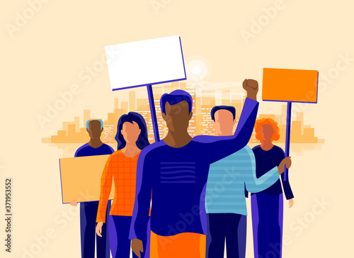 Group of people men women protesters standing together and protesting for freedom against government. Opposition opponents activists holding blank banner boards. People taking part in parade or rally.