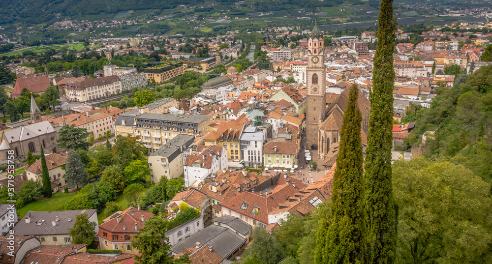 Merano (Meran) in South Tyrol - Trentino Alto Adige - northern Italy.  top view of the historic center of the old city