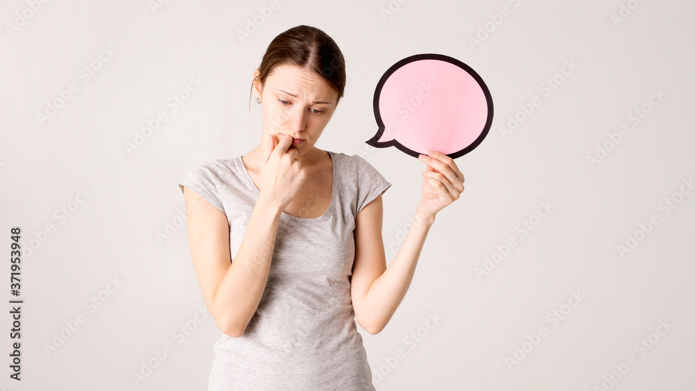 Woman shows sign speech bubbles. Speech bubble banner. Happy girl hold empty speech bubbles. Woman shows sign speech bubbles. Speech bubble banner. Happy girl hold empty speech bubbles.