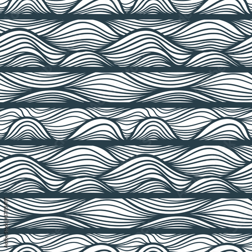 Seamless pattern with black linear sea waves separated by thick lines. Design for backdrops and colouring book with sea, rivers or water texture. Repeating texture. Figure for textiles.