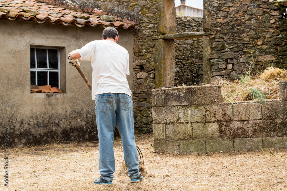 hombre joven trabajando en el campo, en el pueblo. hombre joven trabajando en el campo, en el pueblo.