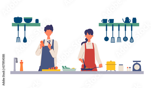Vector illustration of a couple cooking in the kitchen together. People doing housework.
