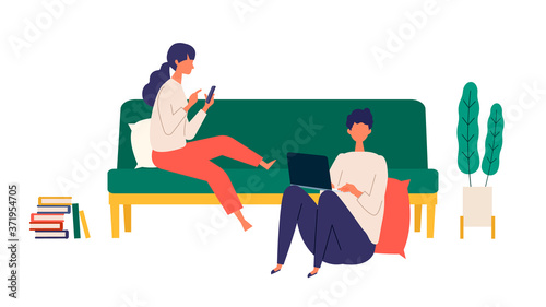 Vector illustration of a couple checking the web. Man and woman have a relaxing day off.