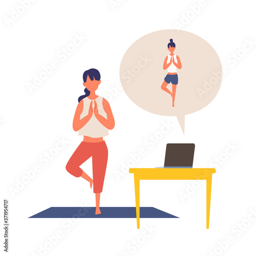 Vector illustration of people watching online classes on laptop. People have a relaxing day off.