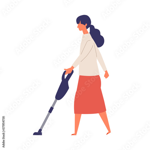 Vector illustration of people vacuuming the room. People doing housework.