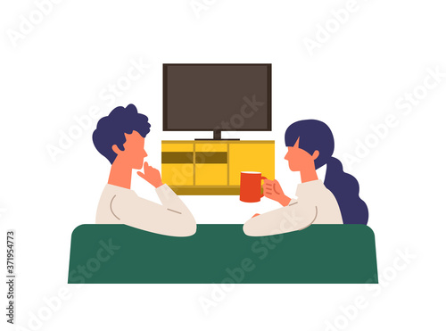 Vector illustration of a couple watching the TV. Man and woman have a relaxing day off.